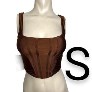 🆕Brown Satiny Silky Textured Detail Fashion Stretchy Crop Top~Size S